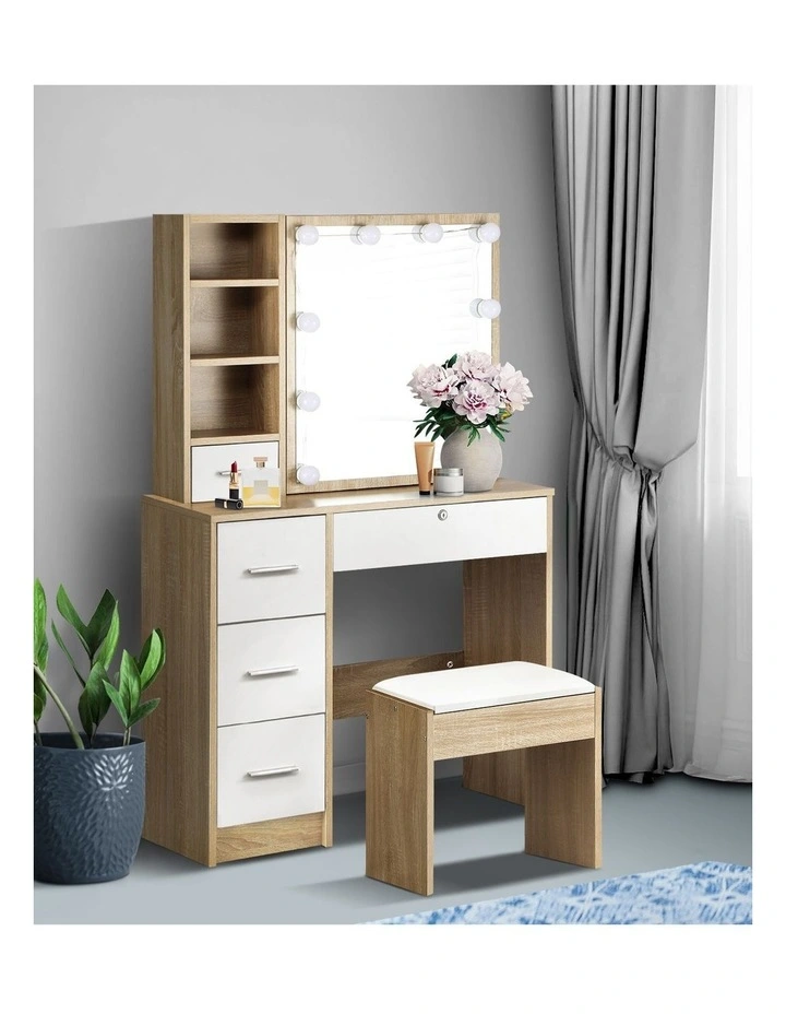 Oikiture Dressing Table Stool Set Slide Mirror Drawer 10 LED Bulbs Natural White image 7