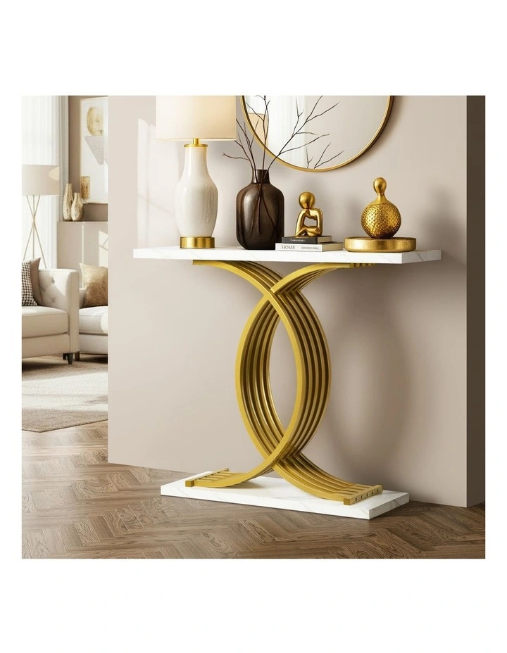 Oikiture Console Table Hallway Marble Effect Coffee Narrow Side Desk White&Gold image 4