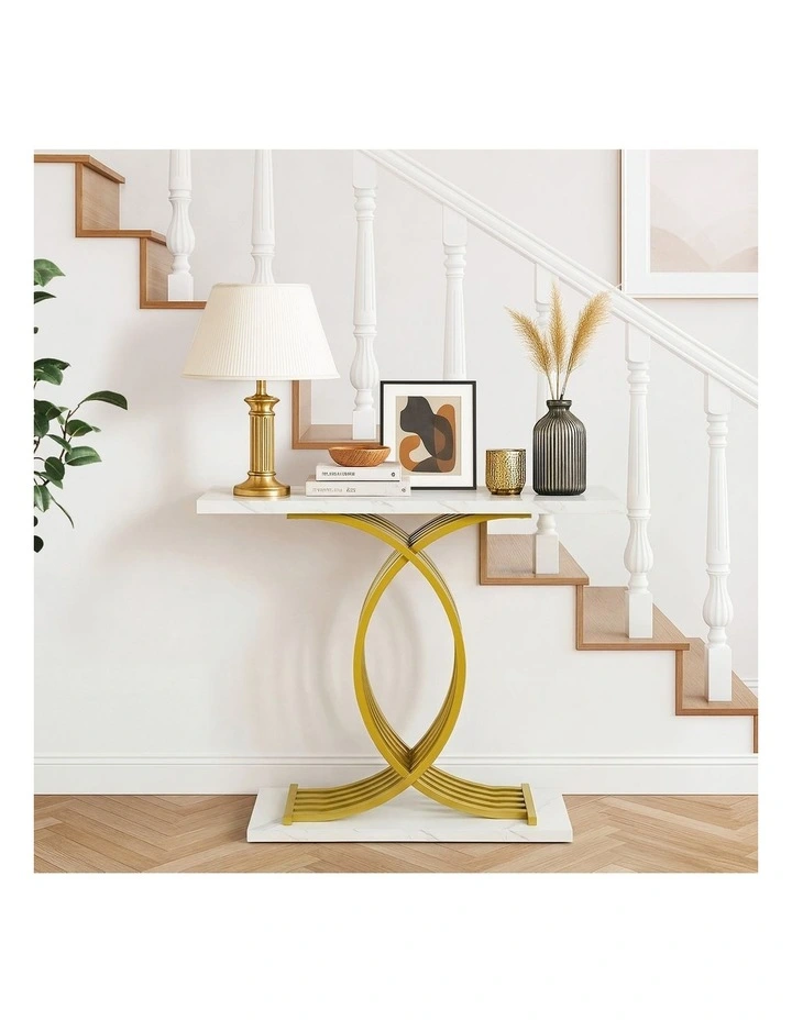 Oikiture Console Table Hallway Marble Effect Coffee Narrow Side Desk White&Gold image 5
