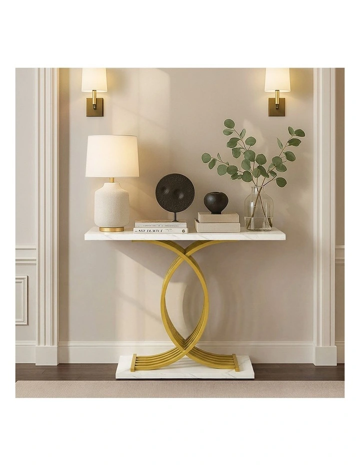 Oikiture Console Table Hallway Marble Effect Coffee Narrow Side Desk White&Gold image 7