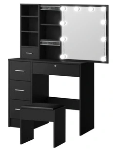Oikiture Dressing Table Stool Set Makeup Slide Mirror Drawer 10 LED Bulbs Black