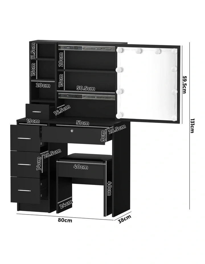 Oikiture Dressing Table Stool Set Makeup Slide Mirror Drawer 10 LED Bulbs Black image 3