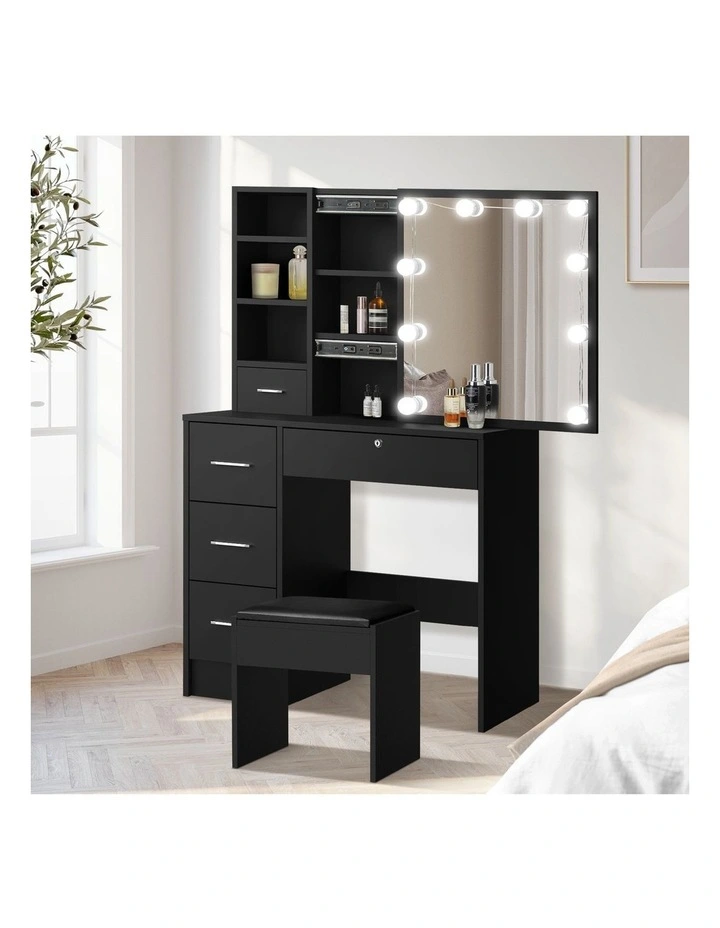Oikiture Dressing Table Stool Set Makeup Slide Mirror Drawer 10 LED Bulbs Black image 4