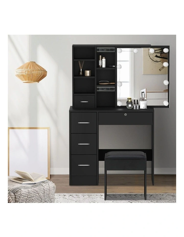 Oikiture Dressing Table Stool Set Makeup Slide Mirror Drawer 10 LED Bulbs Black image 5