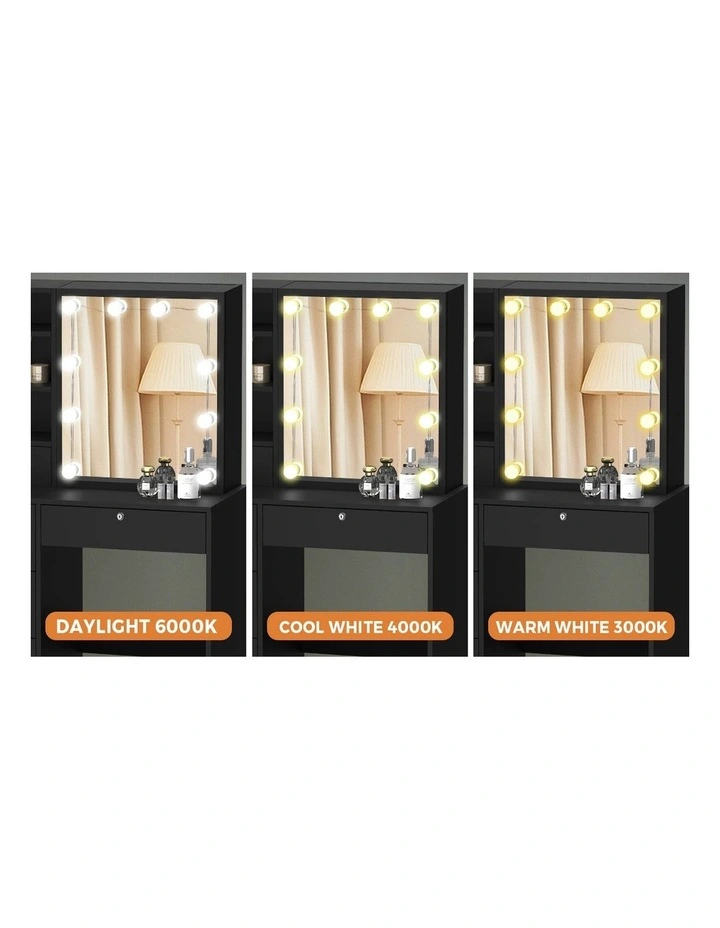 Oikiture Dressing Table Stool Set Makeup Slide Mirror Drawer 10 LED Bulbs Black image 6