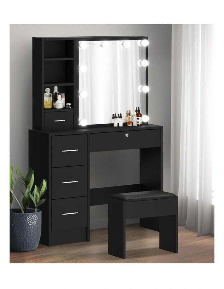 Oikiture Dressing Table Stool Set Makeup Slide Mirror Drawer 10 LED Bulbs Black image 7