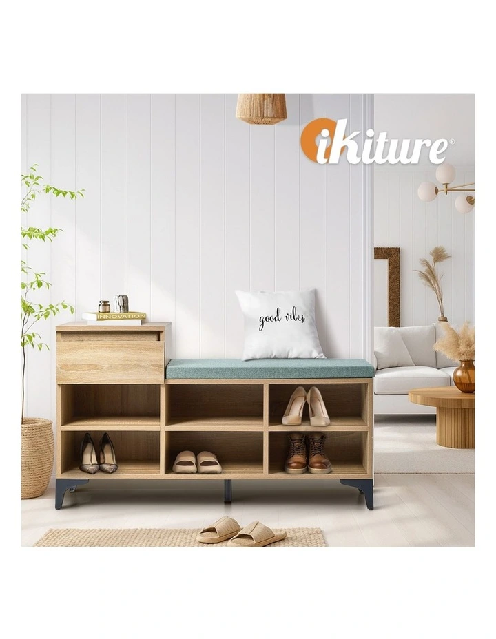 Oikiture Shoe Cabinet Bench Storage Organiser Drawer 6 Shelves Polyester Seat image 7