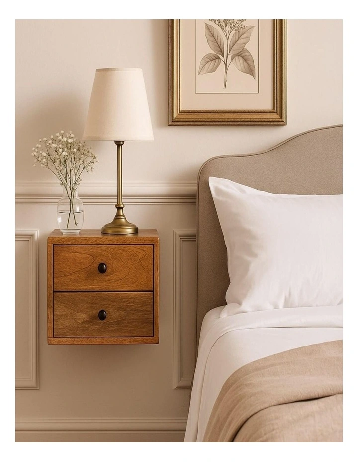 Artisan Furniture Solid Wood Solis 2-Drawer Oak-ish Wall Mounted Nightstand, Beige image 2