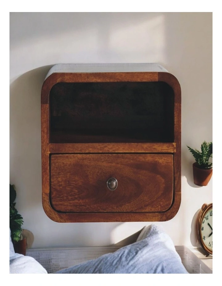 Artisan Furniture Solid Wood Extra Mini Wall Mounted Curved Chestnut Bedside with Open Slot image 2