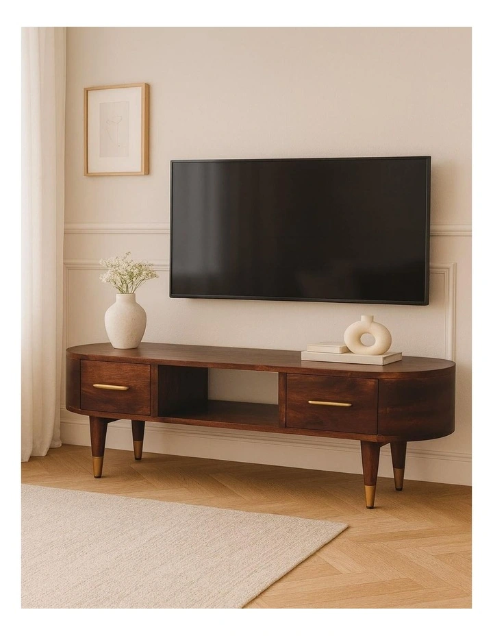 Artisan Furniture Solid Wood Two-Drawer Open-Slot Media Unit, 1 Shelf, Brown image 3