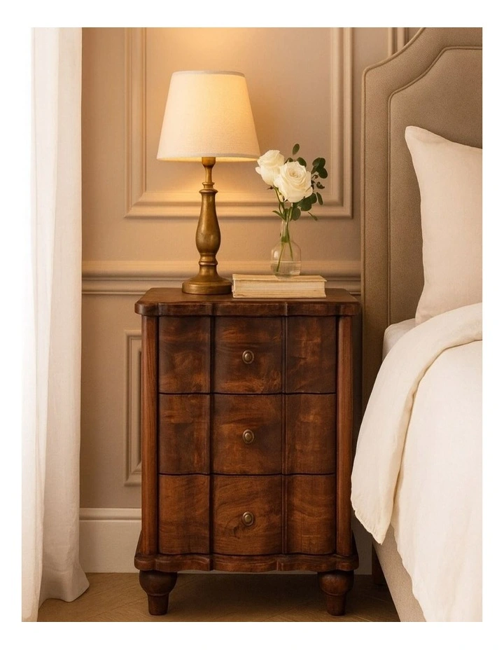 Artisan Furniture Solid Wood Lume Roasted Panelled Bedside,  3 Drawers,  Brown image 3