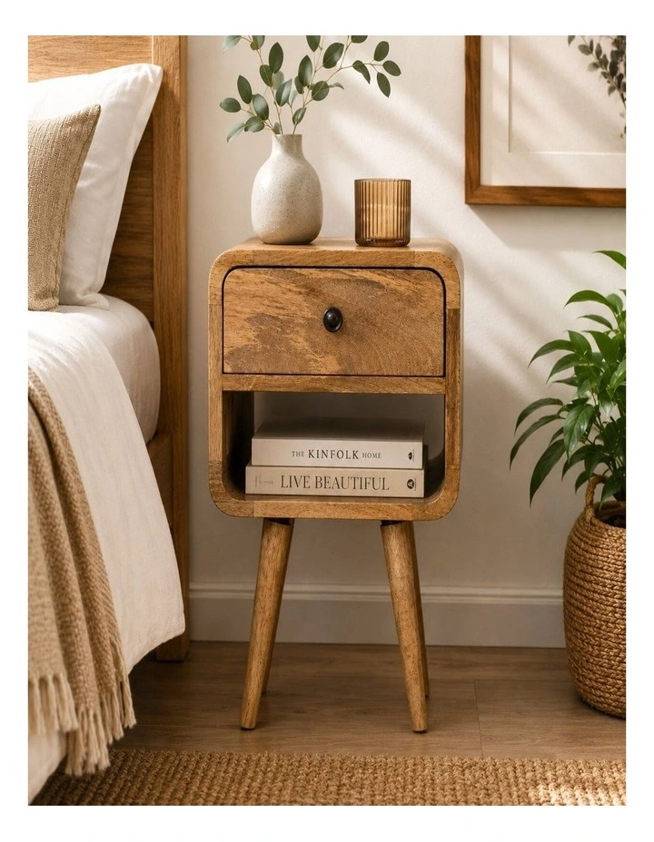 Artisan Furniture Solid Wood Mini Oak-ish Curve Lower Bedside, Beige, 1Drawer image 2