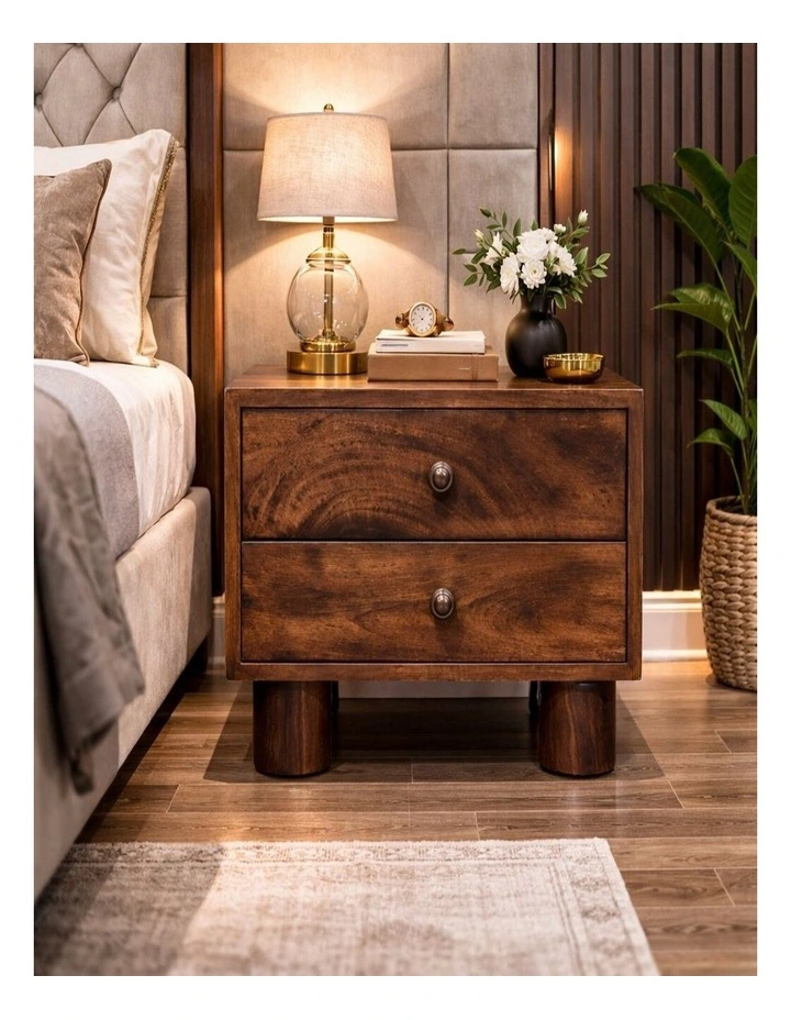 Artisan Furniture Solid Mango Wood California Walnut Two Drawer Bedside, Brown image 2