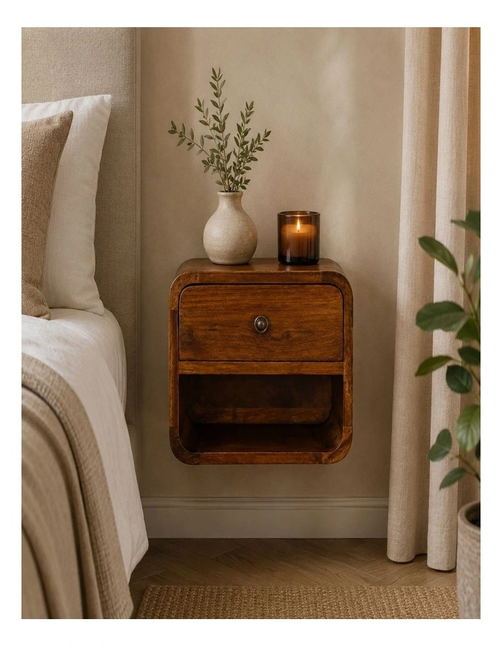Artisan Furniture Solid Wood Mini Curve Floating Bedside, 1 Drawer, 1 Shelf, Brown image 2