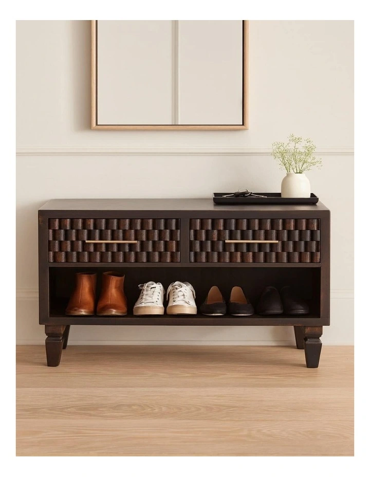 Artisan Furniture Solid Wood Cadiz Carved Shoe Storage Bench, 2 Drawers & 1 Shelf, Brown image 3