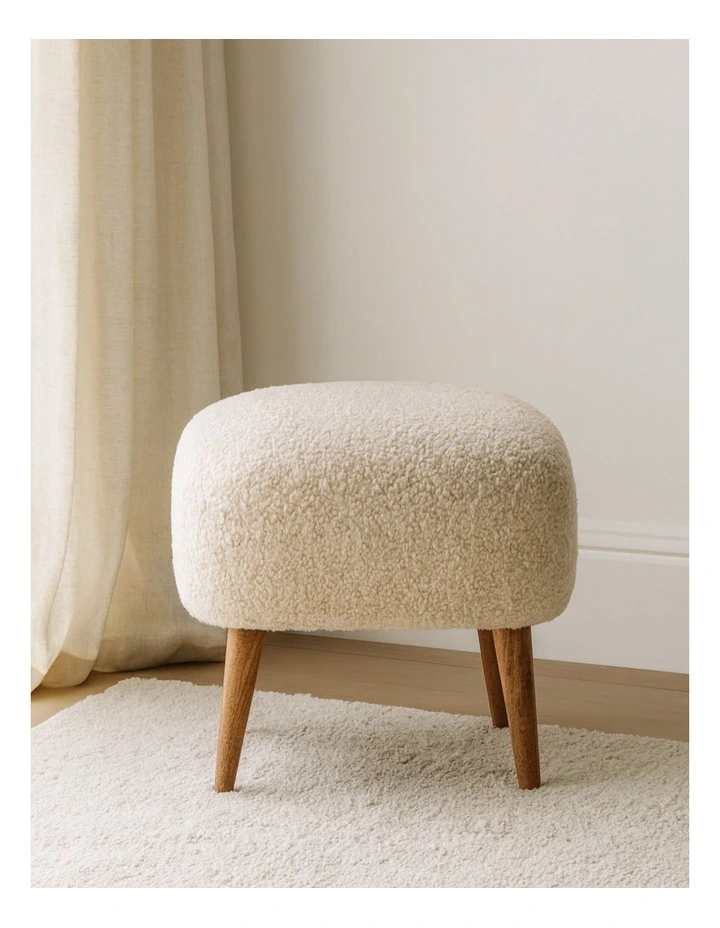 Artisan Furniture Solid Wood Boucle Cream Square Footstool, Upholstered, Brown & Cream image 2