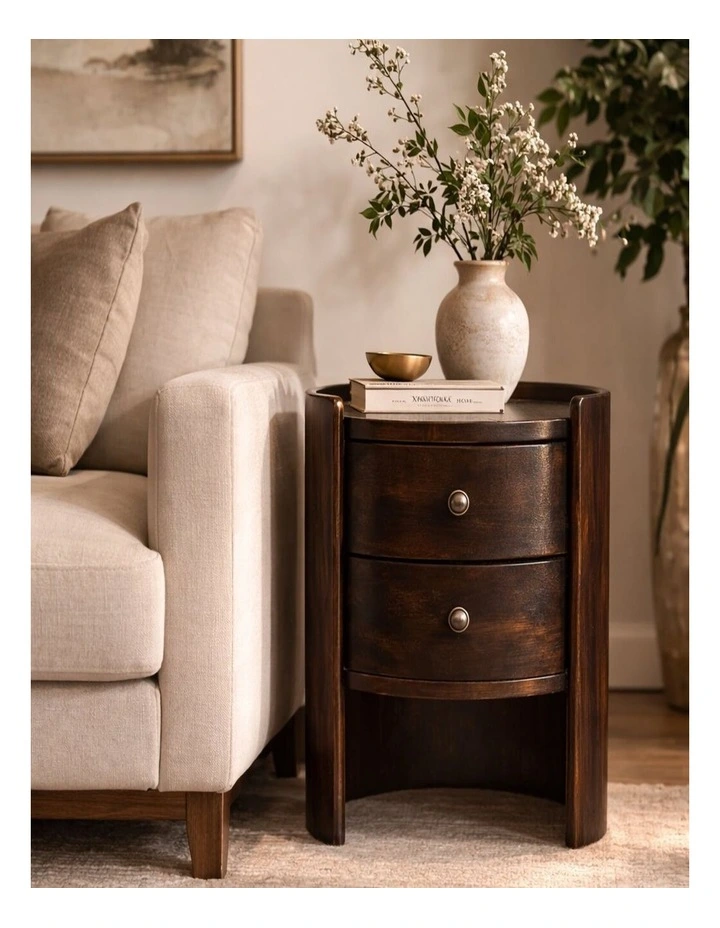 Artisan Furniture Solid Wood Velvet Mocha Round Side Table, 2 Drawers & 1 Open Slot, Brown image 2