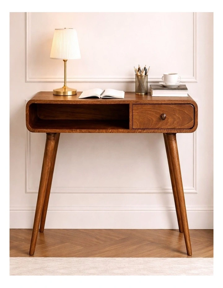 Artisan Furniture Solid Wood Curved Writing Desk, 1 Drawer & 1 Shelf, Brown image 3