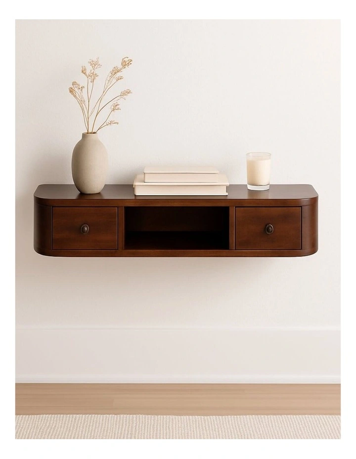 Artisan Furniture Solid Wood Lunar 2 Drawer Wall Mounted Console, 1 Open Slot, Brown image 2