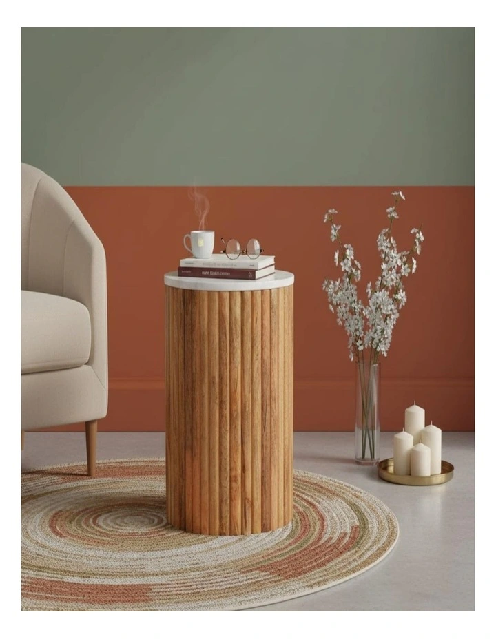 Artisan Furniture Solid Wood Fluted Marble Side Table, Brown & White image 3