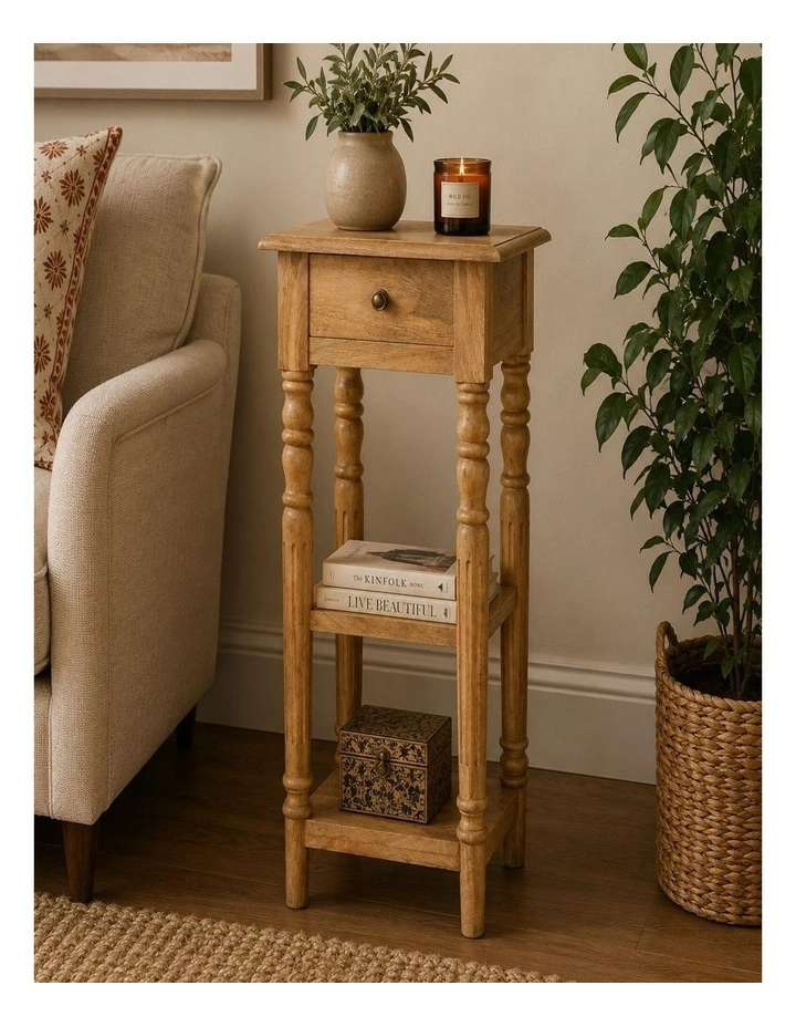 Artisan Furniture Solid Wood Turned Leg Telephone Table, 1 Drawer & 2 Open Slots, Beige image 3