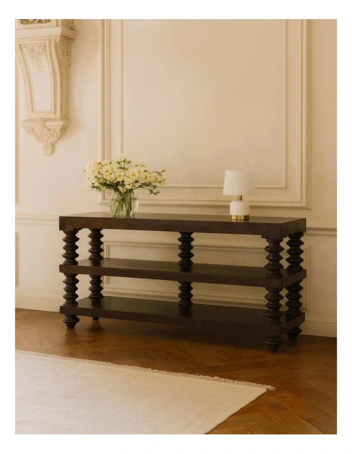 Artisan Furniture Solid Wood Spindle Shelf Console in Carbon Ash, 2 Open Slots, Dark Brown image 3
