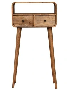 Artisan Furniture Solid Wood Mini Curved Oak-ish Console Table, 2 Drawers & 1 Open Slot, Brown