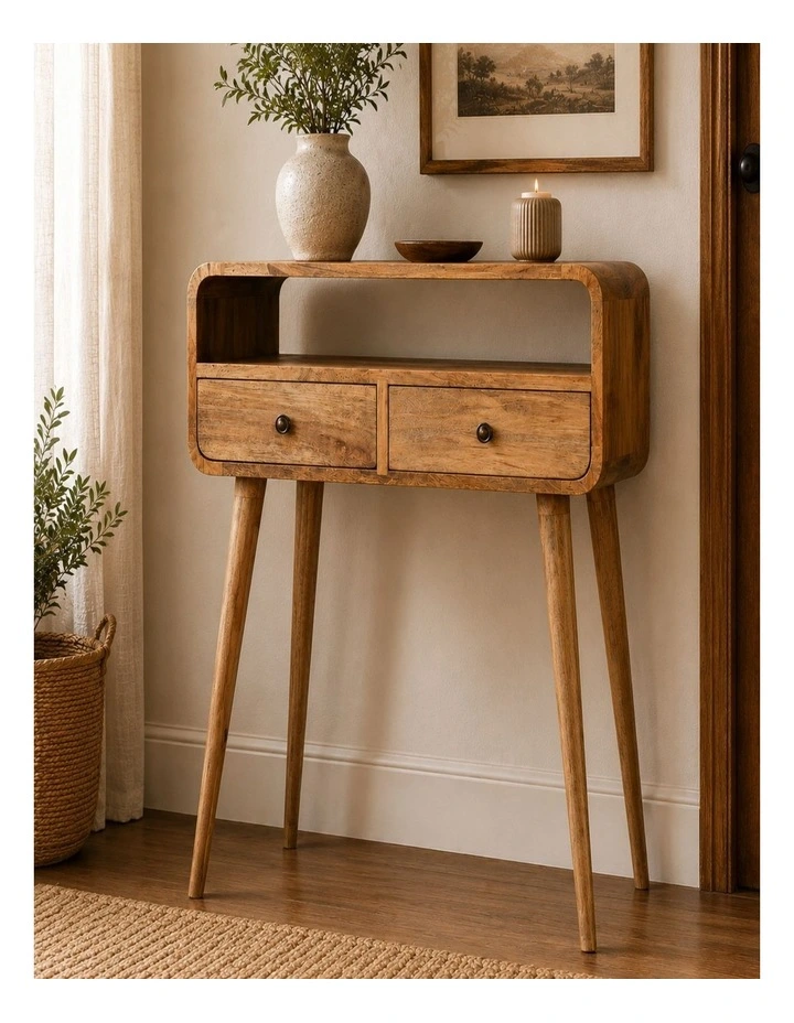 Artisan Furniture Solid Wood Mini Curved Oak-ish Console Table, 2 Drawers & 1 Open Slot, Brown image 3