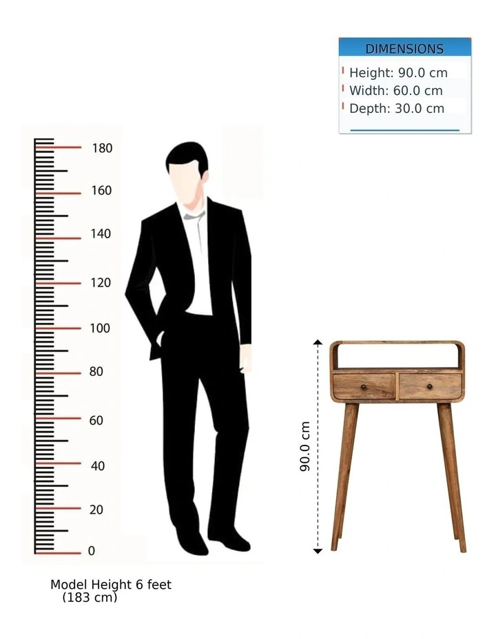 Artisan Furniture Solid Wood Mini Curved Oak-ish Console Table, 2 Drawers & 1 Open Slot, Brown image 7