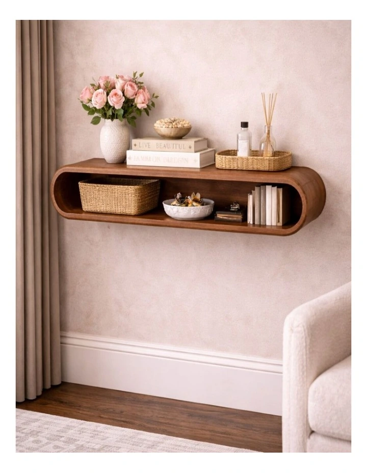 Artisan Furniture Solid Wood Arc Wall-Mounted Media Console, 1 Shelf, Brown image 2