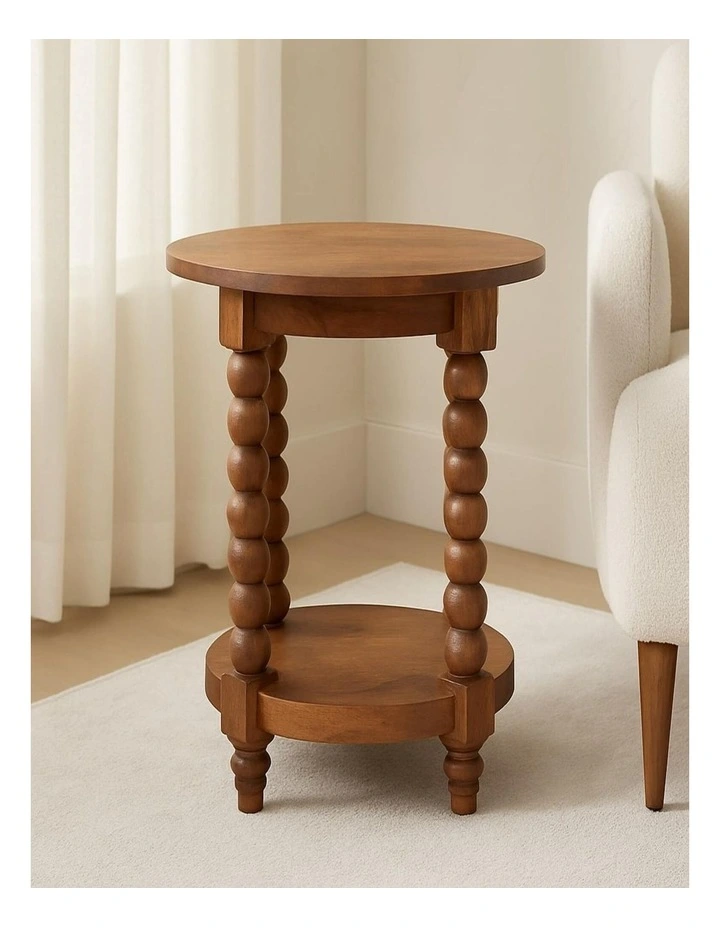 Artisan Furniture Solid Wood Spindle Round Side Table, 1 Shelf, Brown image 2