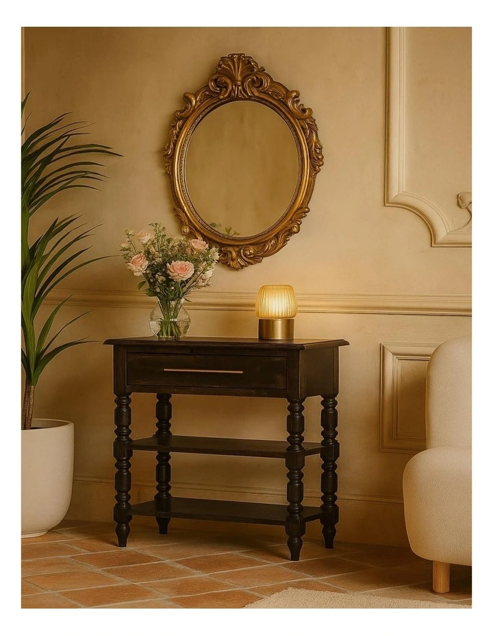 Artisan Furniture Solid Wood Heritage Turned-Leg Side Table, 1 Drawer & 2 Shelves, Dark Brown image 3