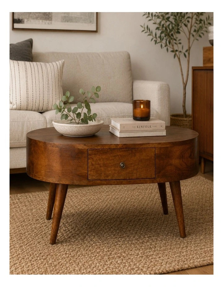 Artisan Furniture Solid Wood Chestnut Rounded Coffee Table,  2 Drawers,  Dark Brown image 2