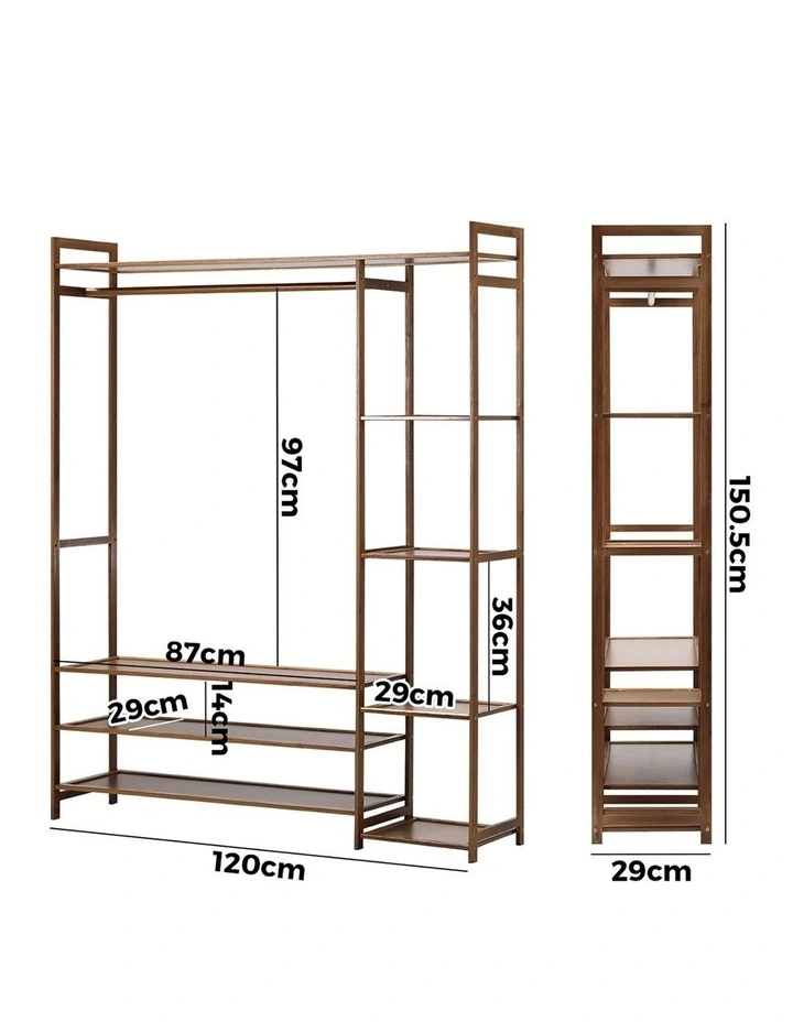 Oikiture Clothes Rack Open Wardrobe Garment Coat Hanging Rail Bamboo 8 Shelves image 3