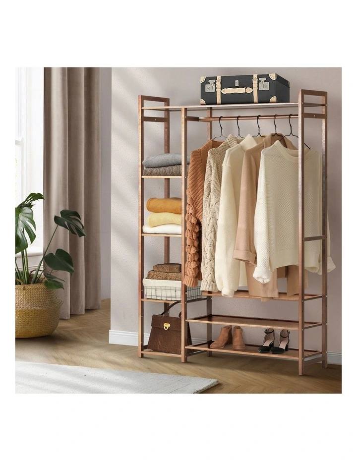 Oikiture Clothes Rack Open Wardrobe Garment Coat Hanging Rail Bamboo 8 Shelves image 4