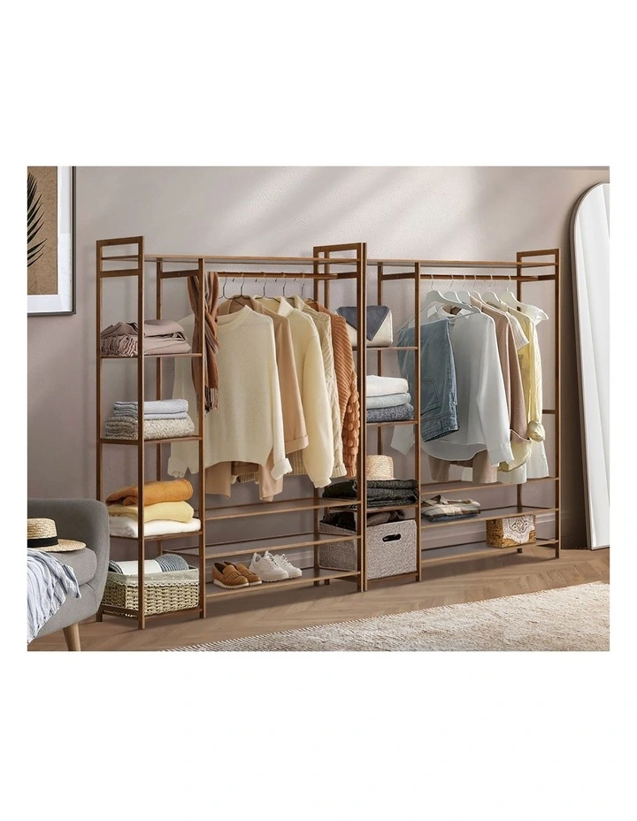 Oikiture Clothes Rack Open Wardrobe Garment Coat Hanging Rail Bamboo 8 Shelves image 5