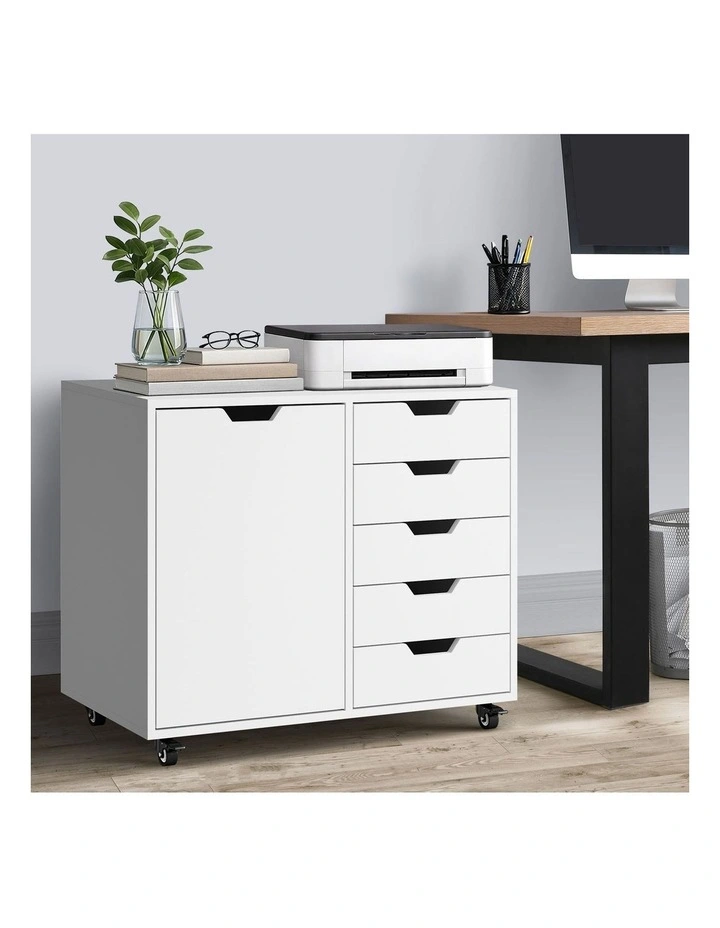 Oikiture Filing Cabinet 1 Door 5 Drawer Mobile Office Storage Cabinet White image 4