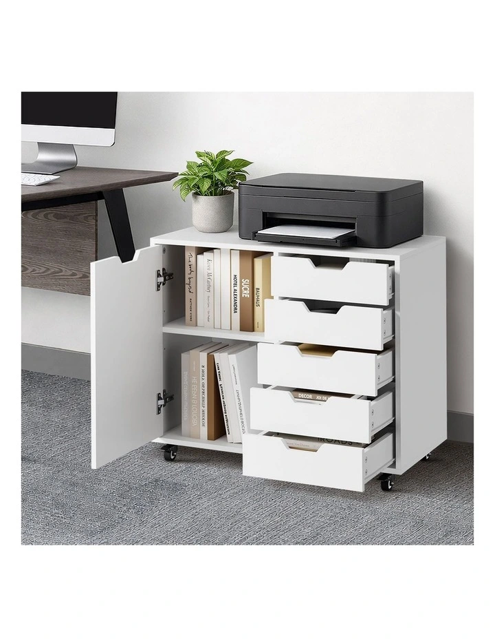 Oikiture Filing Cabinet 1 Door 5 Drawer Mobile Office Storage Cabinet White image 5