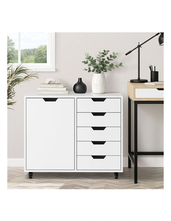 Oikiture Filing Cabinet 1 Door 5 Drawer Mobile Office Storage Cabinet White image 7