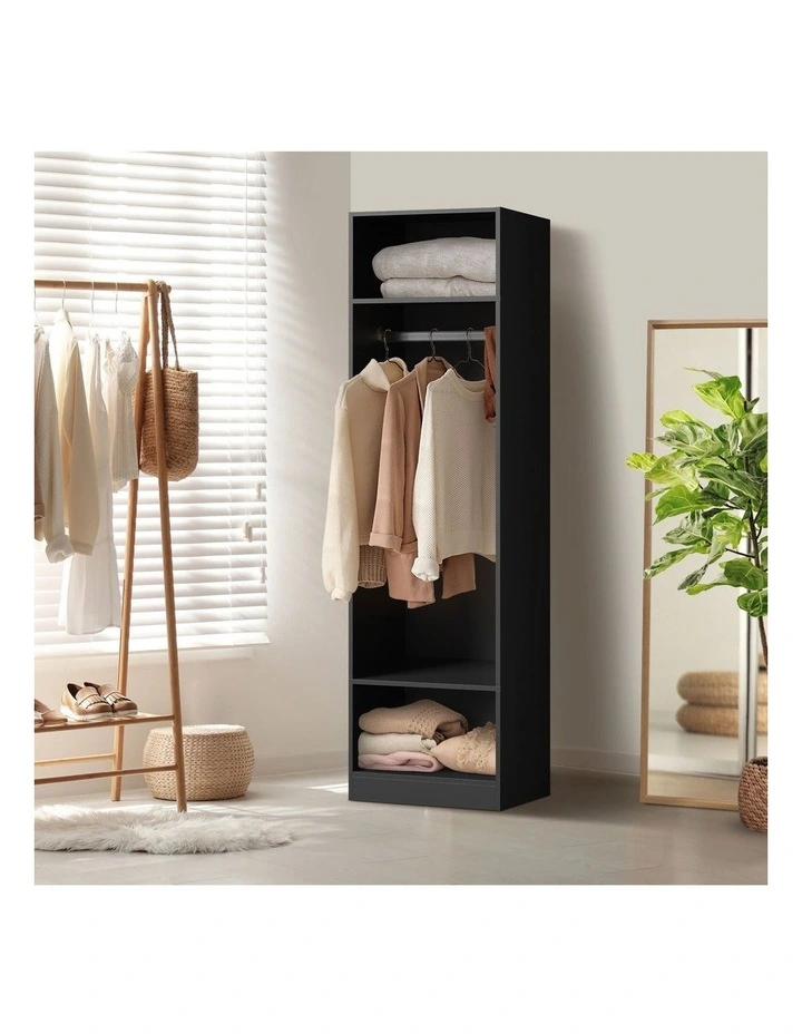 Oikiture Open Wardrobe Shelf Unit Clothes Storage 3 Shelves Hanging Rail Black image 4