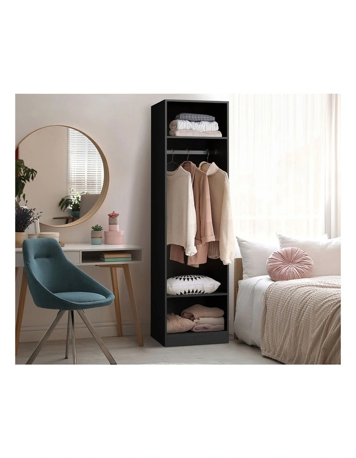 Oikiture Open Wardrobe Shelf Unit Clothes Storage 3 Shelves Hanging Rail Black image 7