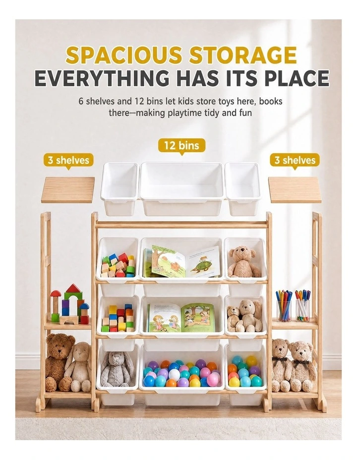 PlayPals Kid Storage Box Toys Organizer 6 Shelves and 12 Bins Display Rack White image 7