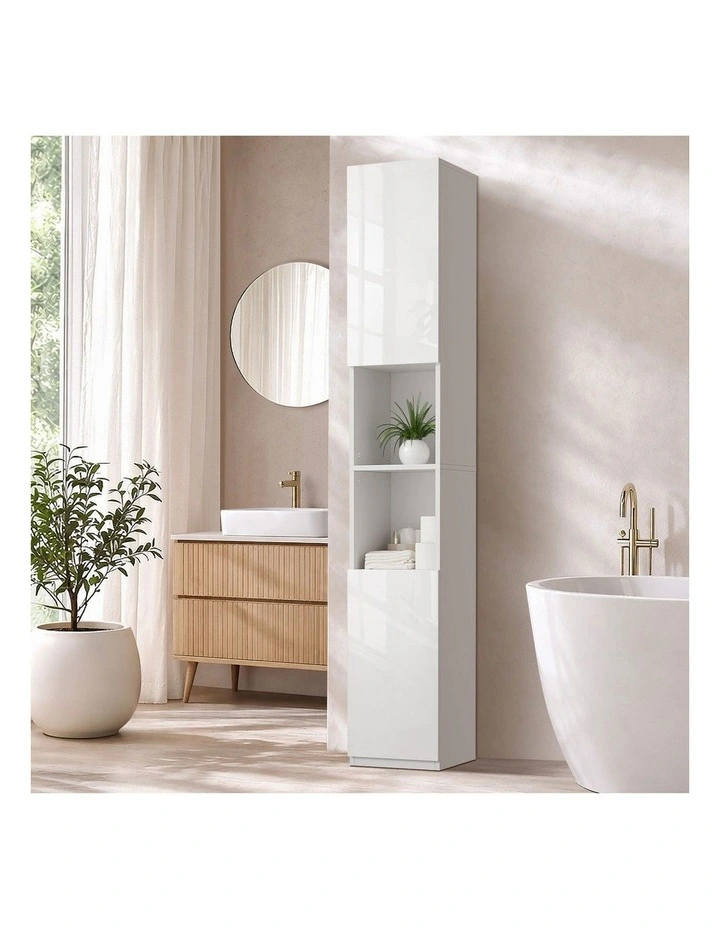Oikiture Bathroom Cabinet Storage High Gloss Tall Cupboard Toilet Shelf White image 4