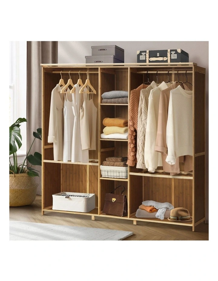 Oikiture Open Wardrobe Clothes Storage Stand Hanging Rail Bamboo Cupboard image 4