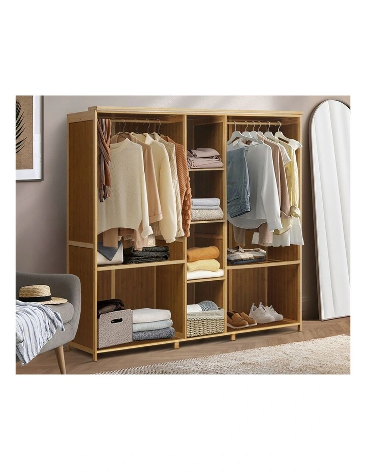 Oikiture Open Wardrobe Clothes Storage Stand Hanging Rail Bamboo Cupboard image 5