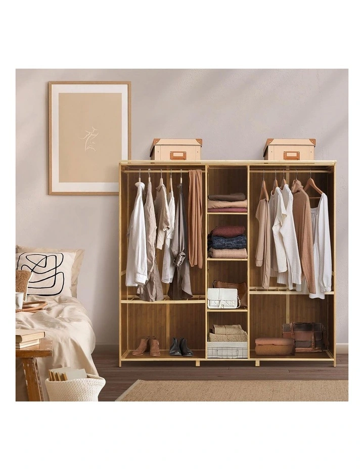 Oikiture Open Wardrobe Clothes Storage Stand Hanging Rail Bamboo Cupboard image 7