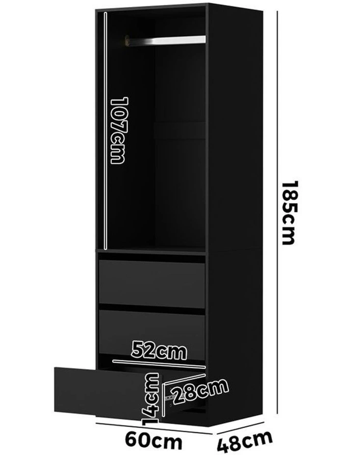 Oikiture Open Wardrobe Shelf Unit Clothes Storage 3 Drawers Hanging Rail Black image 3
