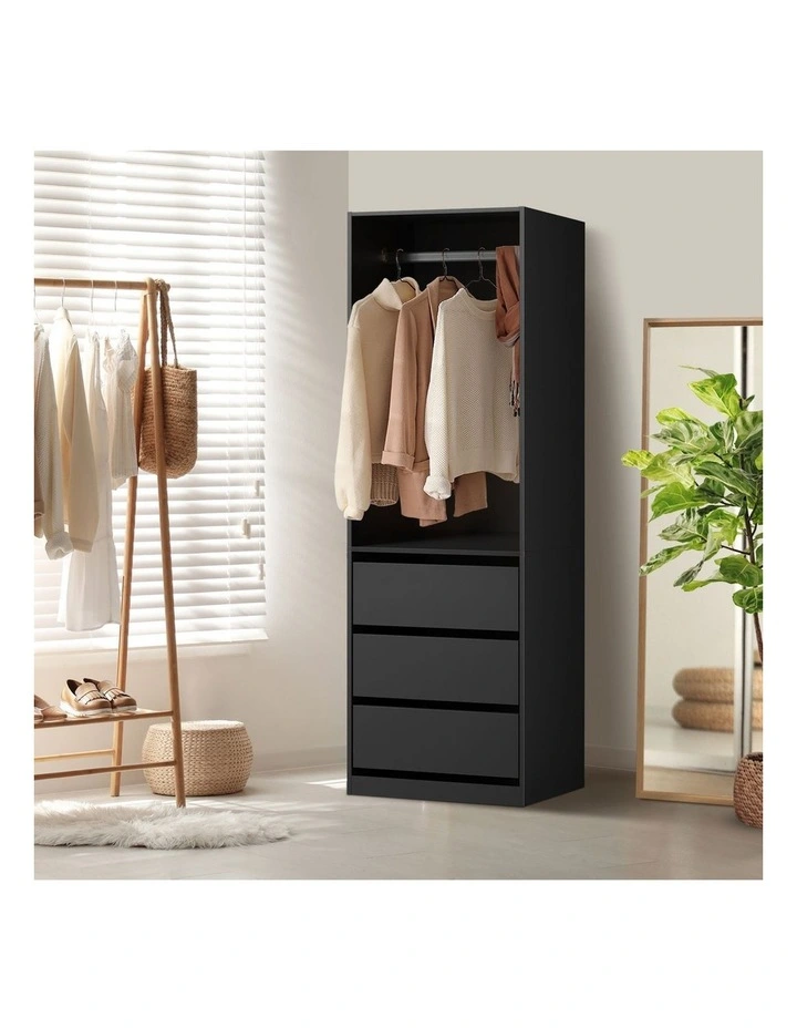 Oikiture Open Wardrobe Shelf Unit Clothes Storage 3 Drawers Hanging Rail Black image 4