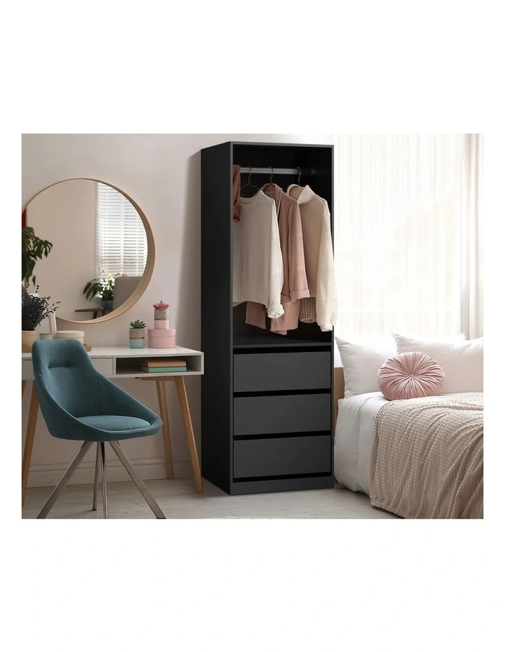 Oikiture Open Wardrobe Shelf Unit Clothes Storage 3 Drawers Hanging Rail Black image 7