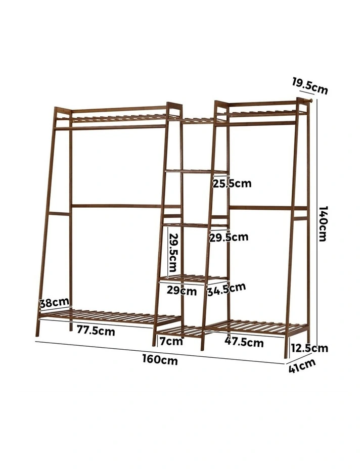 Oikiture Clothes Rack Open Wardrobe Garment Coat Hanging Rail Bamboo 9 Shelves image 3